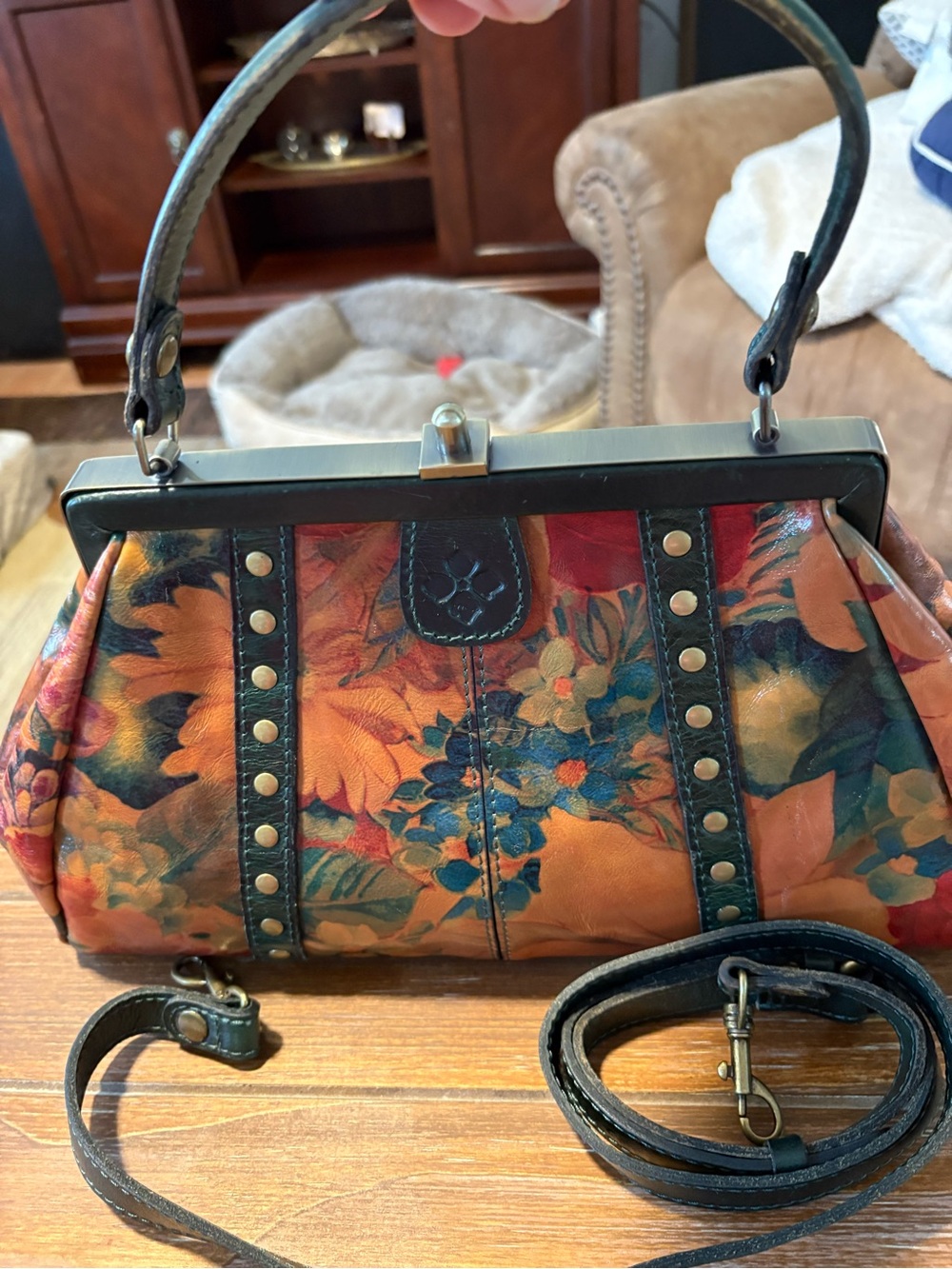 Patricia Nash Multi-Color Floral Leather Frame Satchel with Black Trim